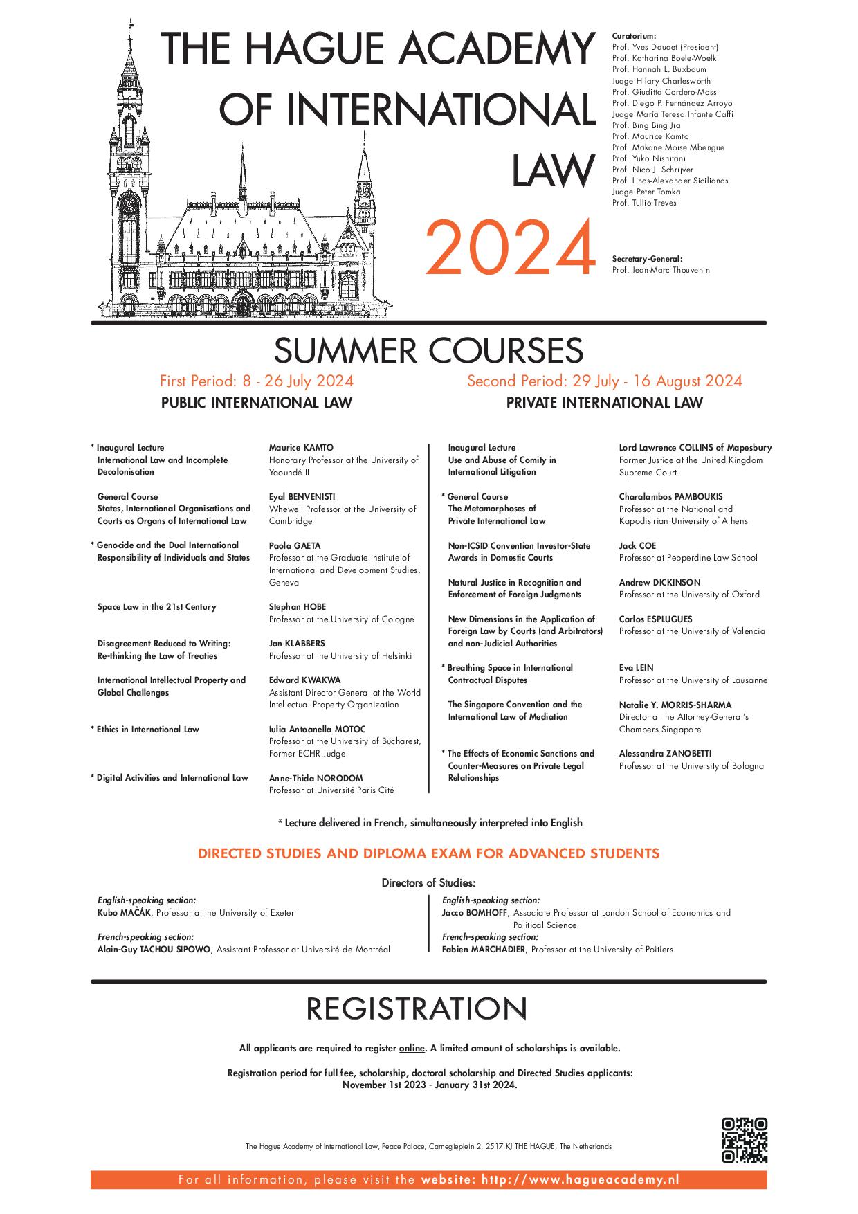 Out Now Programme Of The Hague Academy Of International Law S Summer   2024 Programme Summer Ete 